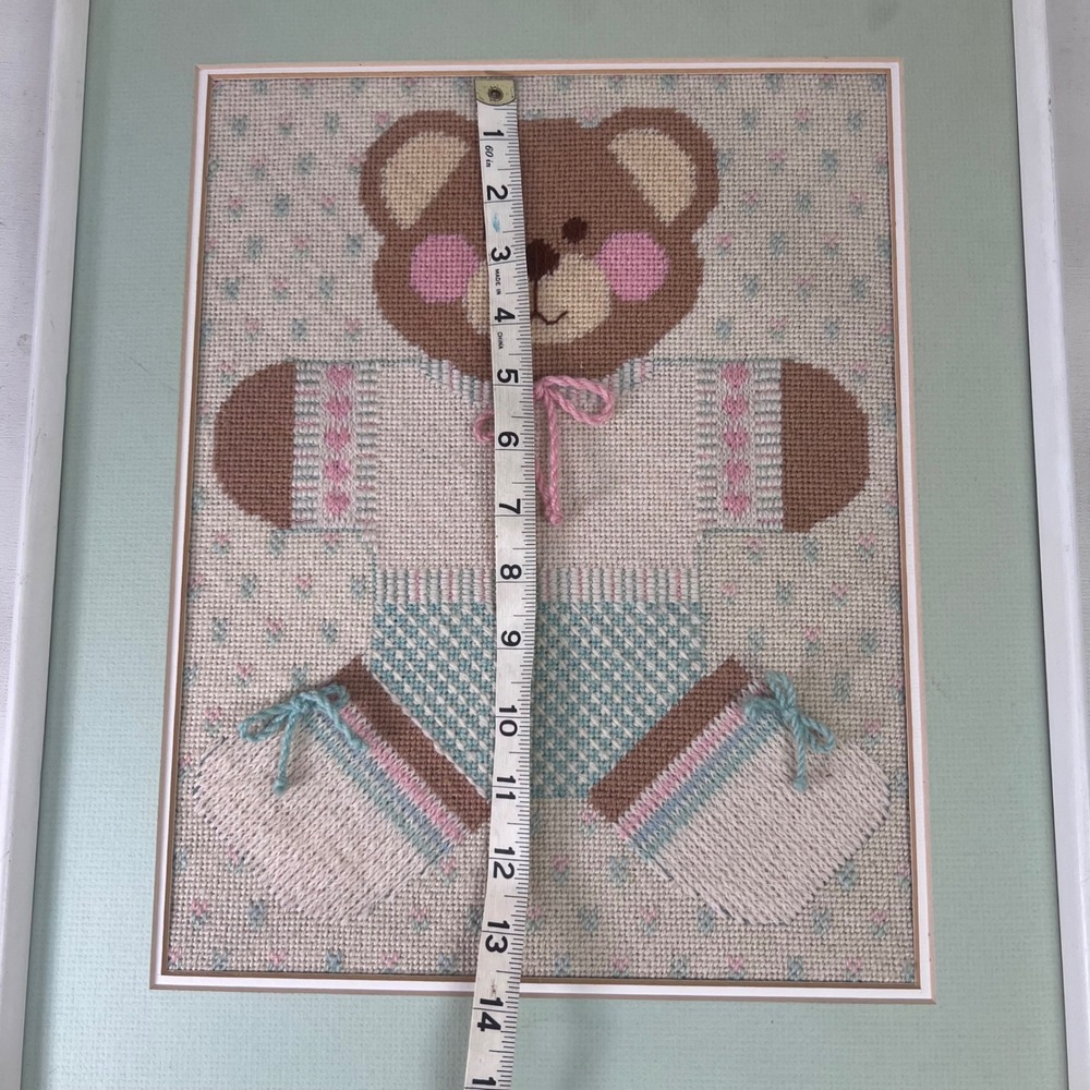 Framed Teddy Bear Needlepoint Art Pastel Nursery Decor‎ Baby Room Embroidery - Picture 8 of 8